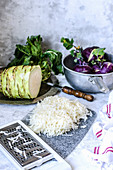 Kohlrabi, purple and green whole, cut and grated
