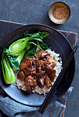 Caramel Chicken wit Rice and Asian greens