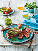 Argentinian chimichurri sauce with grilled steak