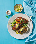 Hasselback sweet potatos with blue cheese butter
