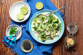 Green curry with chicken, broccoli, courgette and bean