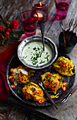 Onion and sweet potato bhaji with a yoghurt and herb dip (India)