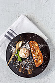 French toast with vanilla ice cream, cinnamon and mint