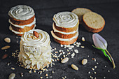 Layered cakes with marzipan cream and almonds