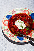 Borschtsch (Russischer Rote-Bete Eintopf) in Teller, serviert mit Schmand und Dill