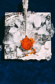 Caviar on a silver spoon on ice, on a marble stone and blue velvet background