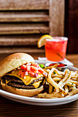 Double cheeseburger with tomato salsa and fries