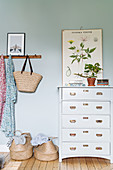 Botanical illustration on pale blue wall above chest of drawers