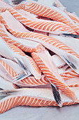 Raw salmon filets for making fish stock
