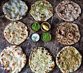Various roti with dips (unleavened bread, India)