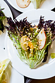 Green lettuce salad with shaved pear, apricot and barley in a vinaigrette
