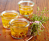 Thyme and chili marinade in a glass