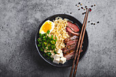 Ramen noodle soup with tofu, pork and egg (Japan)