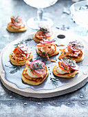 Spelt Blini with Hot Smoked Salmon and Creme Fraiche