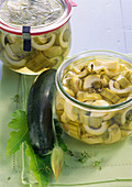 Pickled sweet and sour courgette with white wine vinegar, sugar and thyme