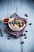 Porridge with cocoa and blueberries