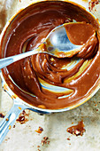 Caramel sauce in a pan with a spoon