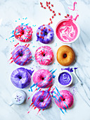 Different donuts with colourful glazes
