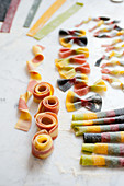 Various colourful pasta types