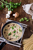 Cream of mushroom sauce with parsley in a pan
