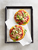 Celery pizza with salami and mushrooms (low carb)