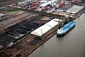 Barge being loaded with coal, aerial photograph