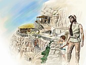 Neolithic man and settlement, illustration