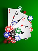 Poker chips, cards and dice, illustration