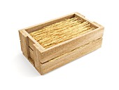 Wooden box filled with rafia, illustration
