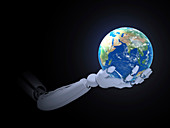 Android hand holding earth, illustration