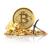 Bitcoin standing on a golden stones, illustration