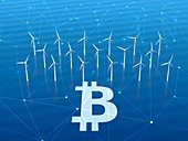 Bitcoin mining with green energy, illustration