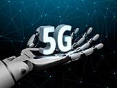 Robotic hand holding 5G symbol, illustration