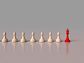 Red chess king leading white pawns, illustration