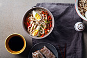 Lunch with udon noodles with vegetables and spring rolls