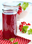 Homemade redcurrant vinegar with fresh berries and vanilla