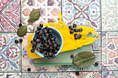 Aronia berries in a bowl on a book