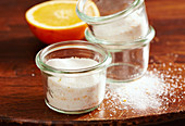 Homemade orange and lemon sugar in glasses