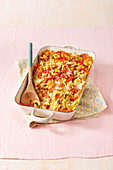 Pasta bake with ham, peppers and pak choi