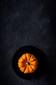 Ein orangefarbener Zierkürbis auf dunklem Untergrund