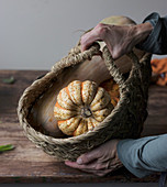Hand holding basket with pumpkins