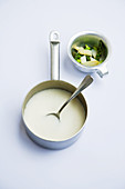 Cream of asparagus soup with asparagus tips