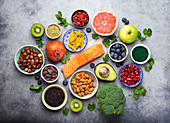 Selection of healthy products and superfoods