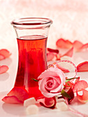 Homemade rose liqueur with fresh rose petals