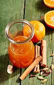 Homemade mandarin spice syrup with cinnamon