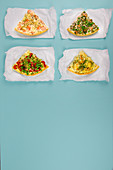 Four different types of tartes – with fish and vegetables