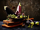 Still-life arrangement of aubergines