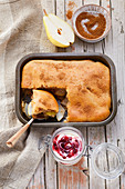 Pear and cinnamon bake with cranberry and yoghurt