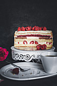 Raspberry and vanilla sponge cake with chocolate cream
