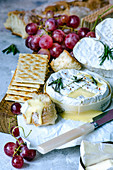 Melted Camembert, Ciabatta, Pink Grapes, Crackers and Rosemary